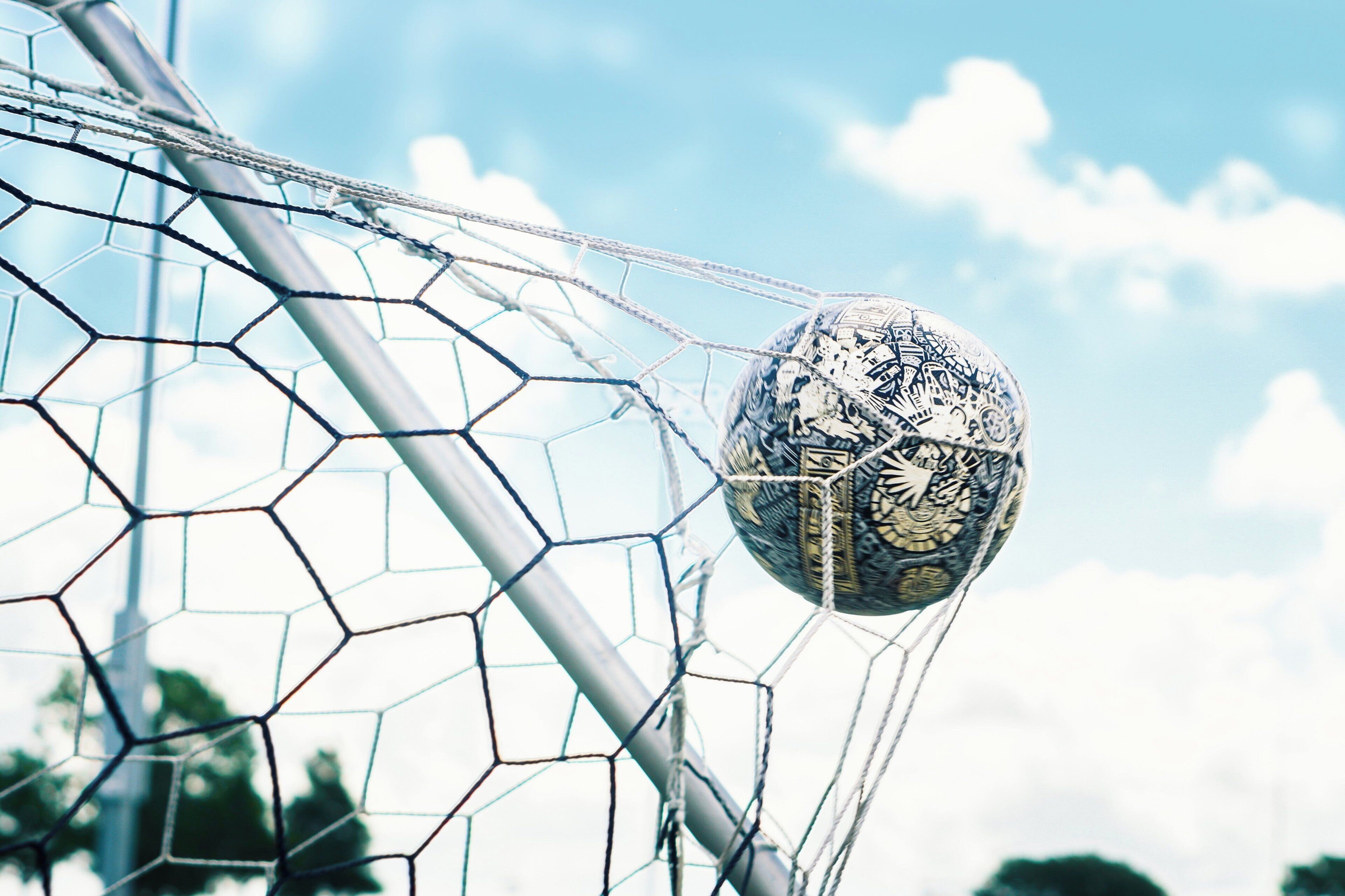 A soccer ball in a net.