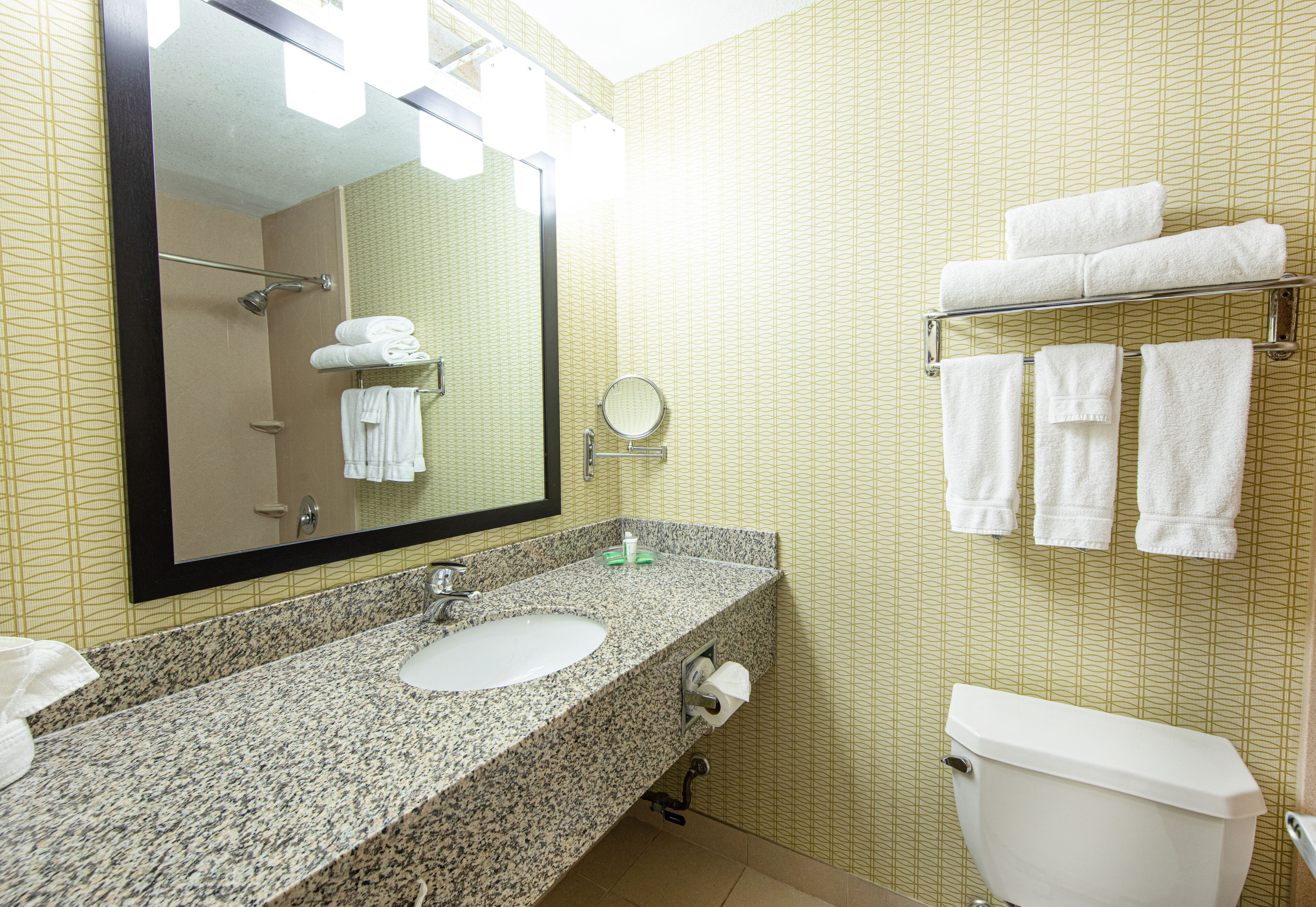 Une salle de bain avec un lavabo en granit, un miroir, des toilettes et un porte-serviettes avec des serviettes pliées.