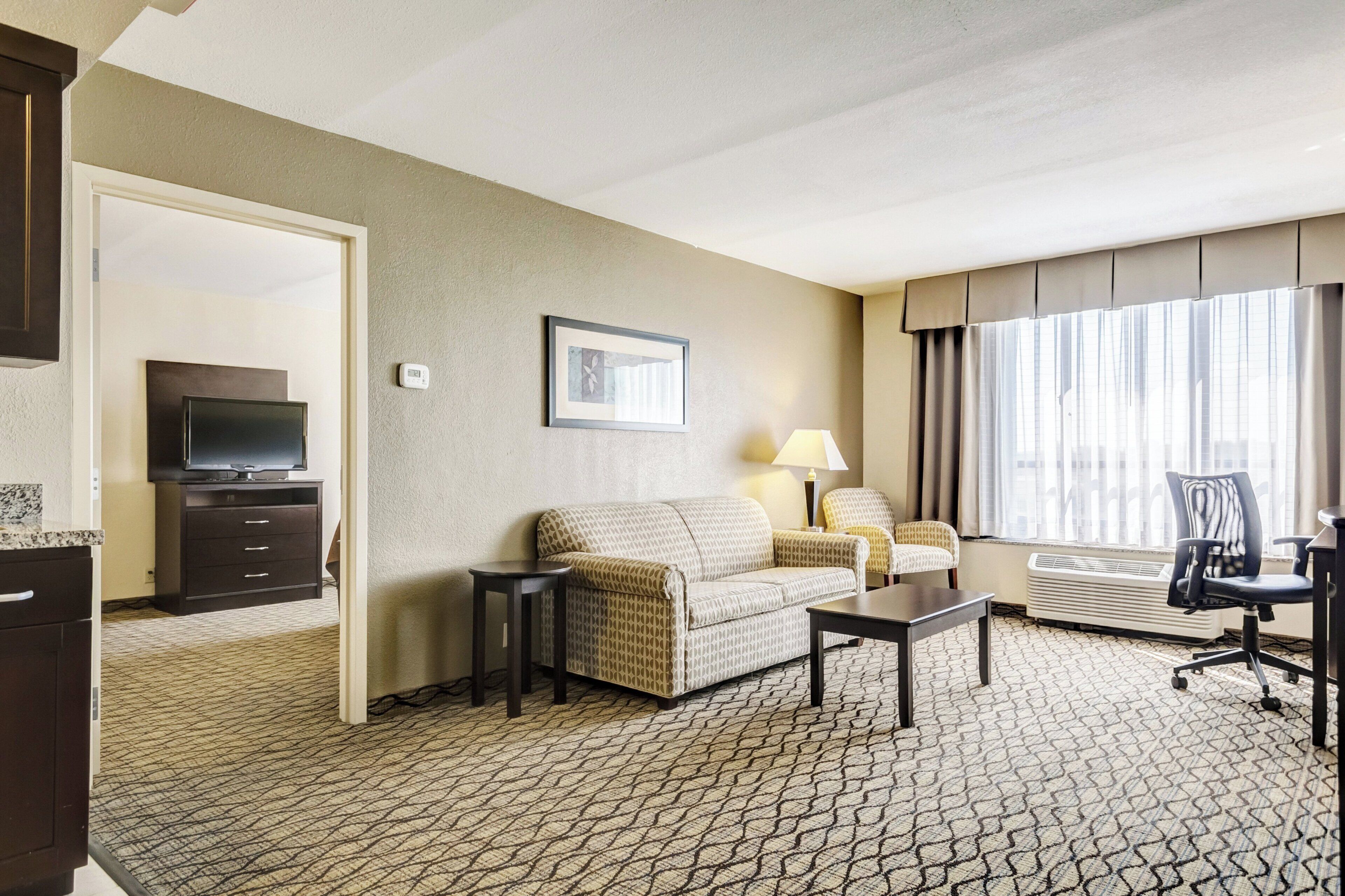 Une chambre d’hôtel avec un canapé, une table basse, un téléviseur, une lampe et une chaise.