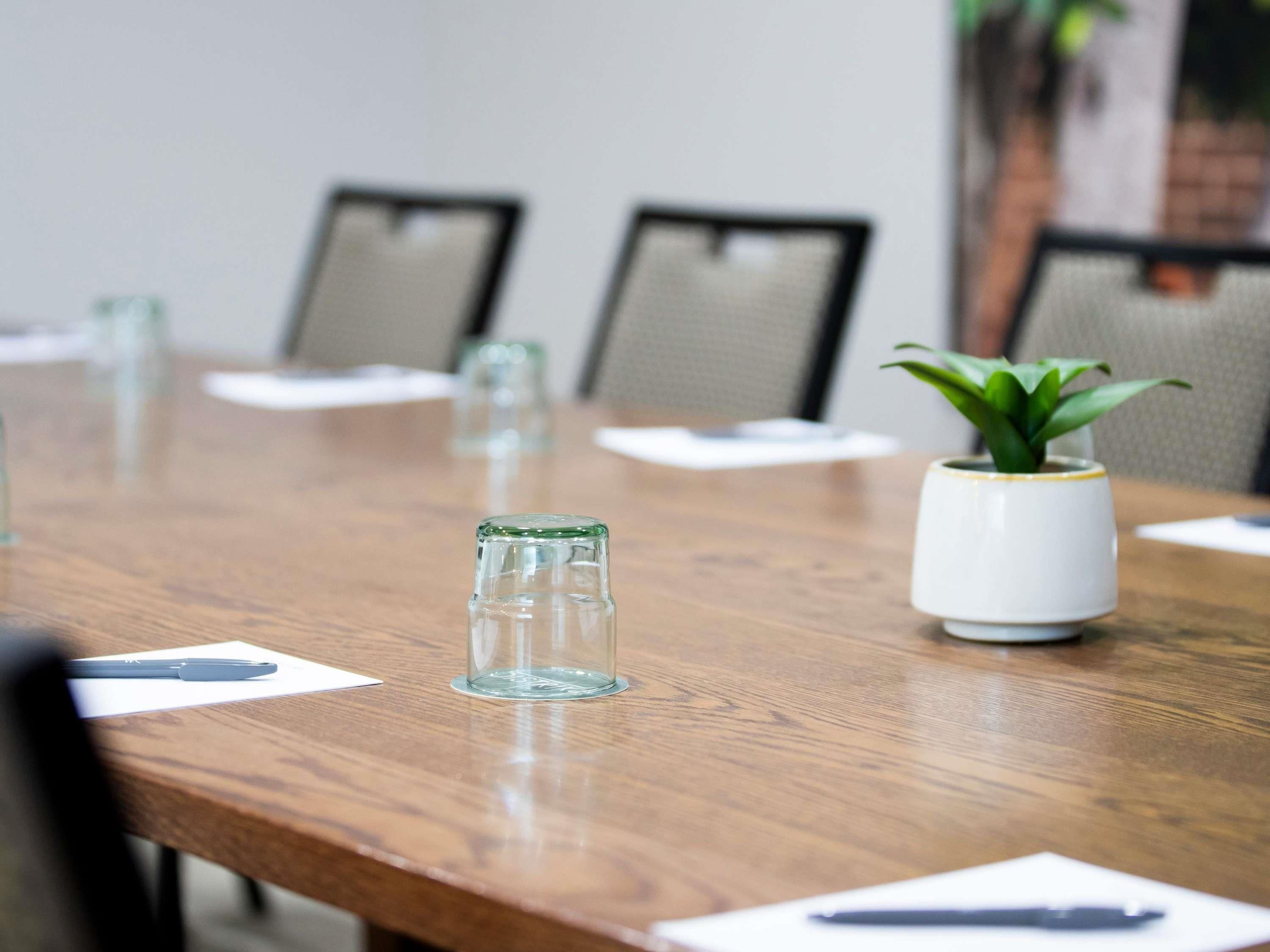 Una mesa de conferencias con sillas, una planta en maceta y vasos.