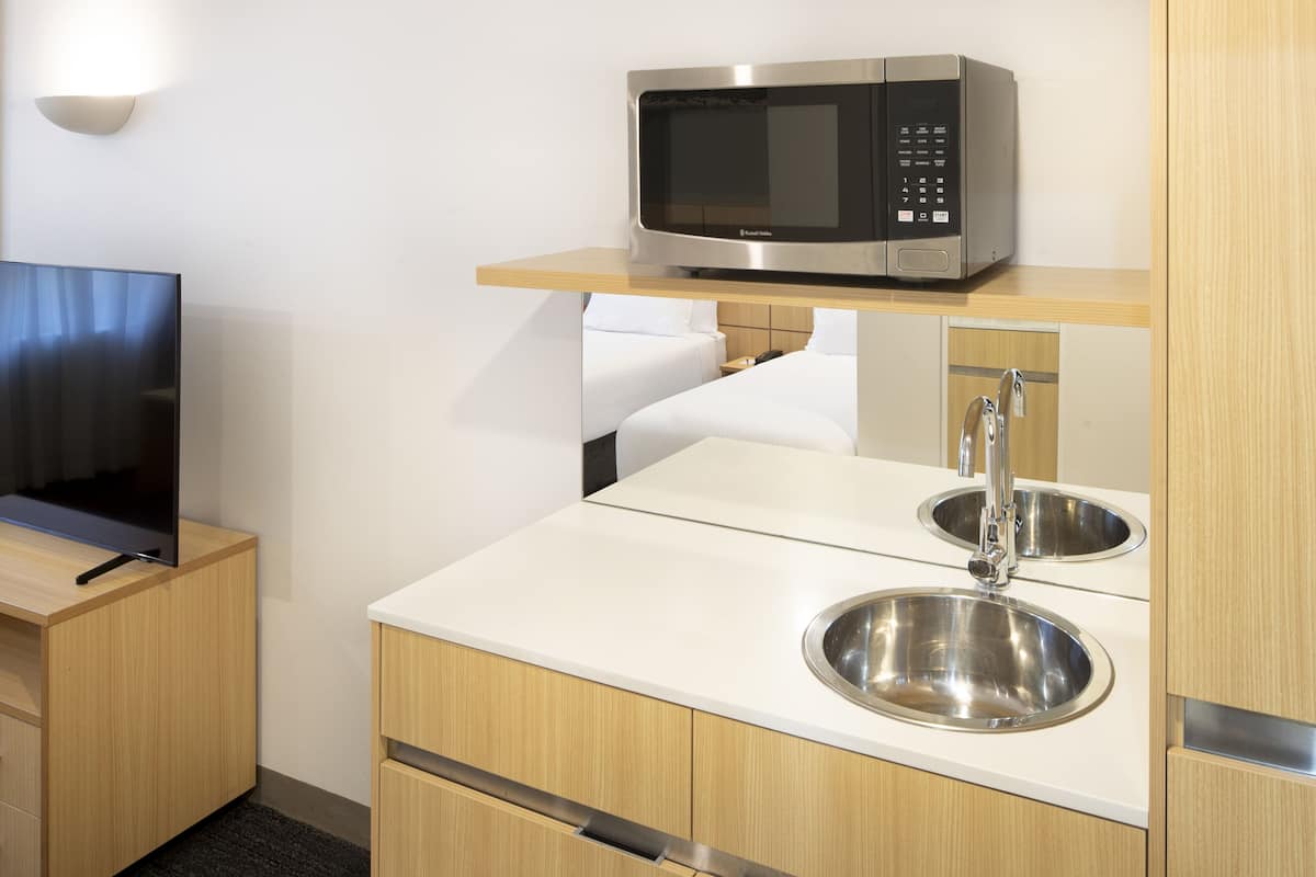 mini-fridge, microwave, coffee/tea maker, electric kettle