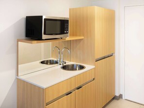 Mini-fridge, microwave, coffee/tea maker, electric kettle