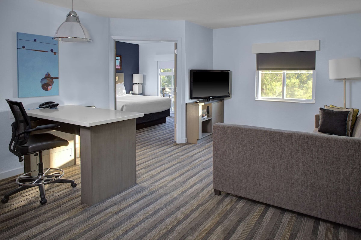 Habitación de hotel con cama, escritorio con computadora, televisor, sofá y ventana con vistas.