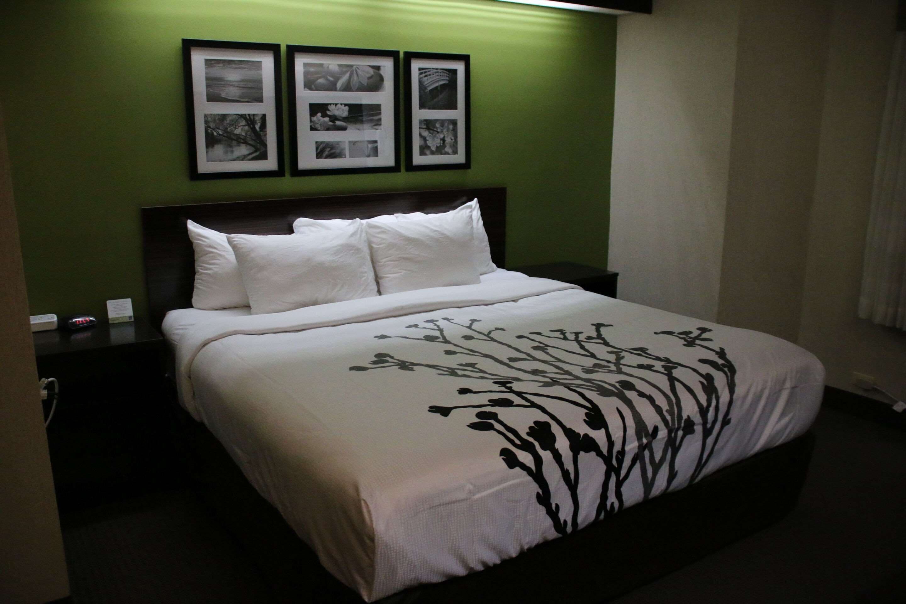 A neatly made bed with a floral-patterned bedspread, a dark headboard, and a green wall with framed pictures above it.