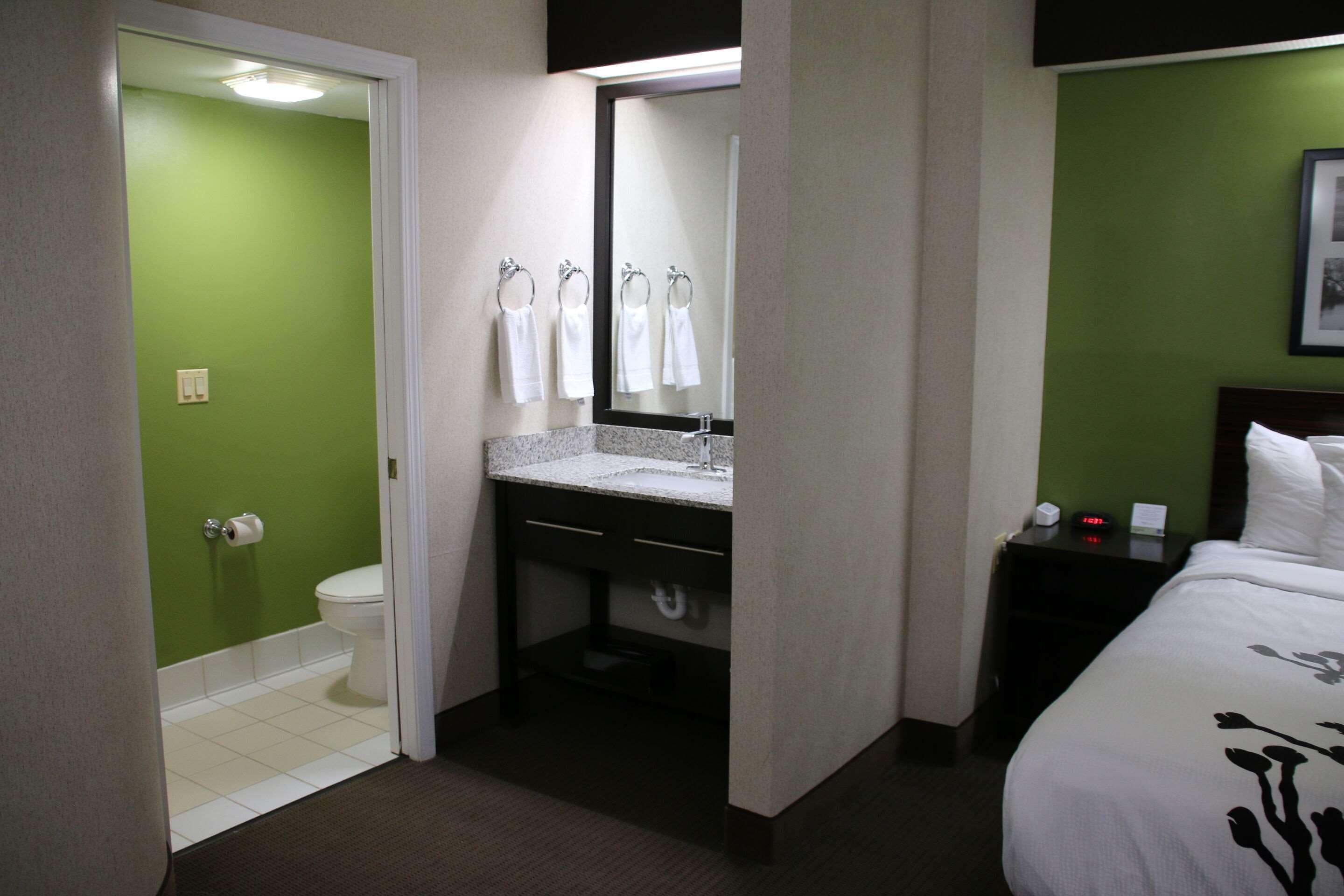 Un baño de hotel con pared verde, inodoro blanco y lavamanos con espejo.