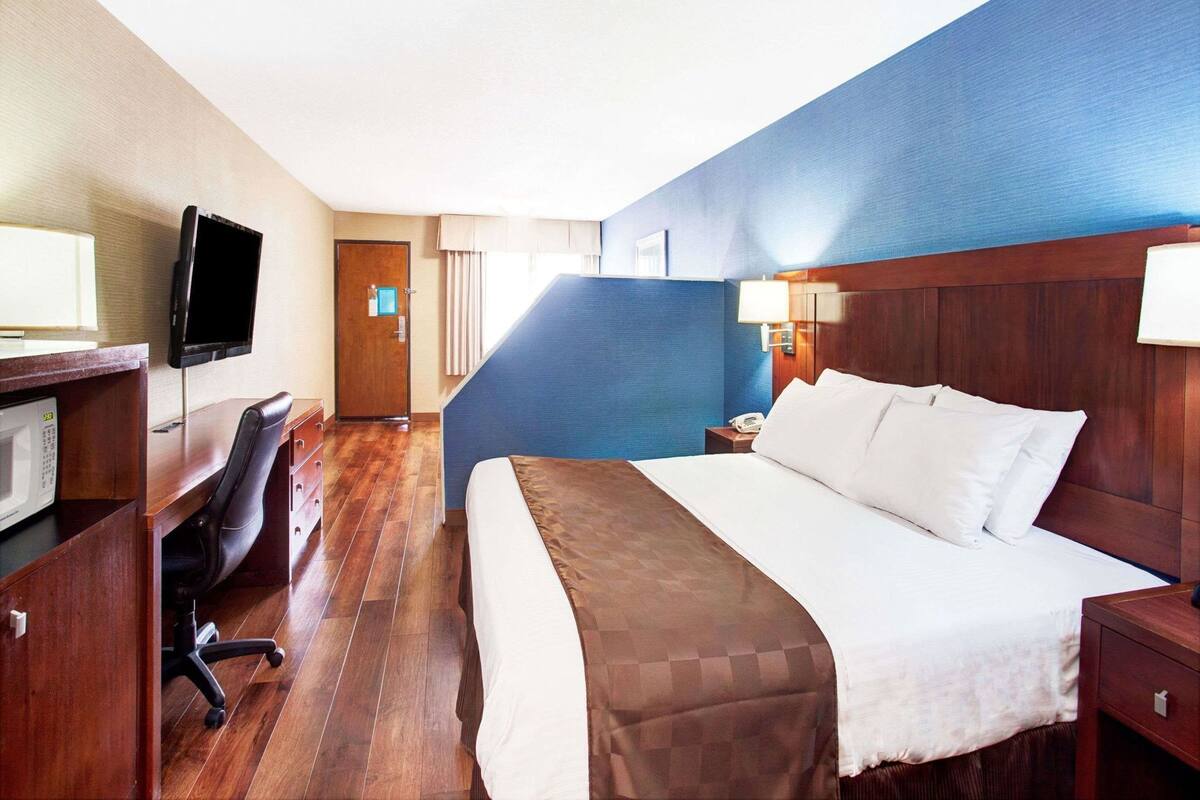 A hotel room with a bed, desk, chair, television, and a microwave.