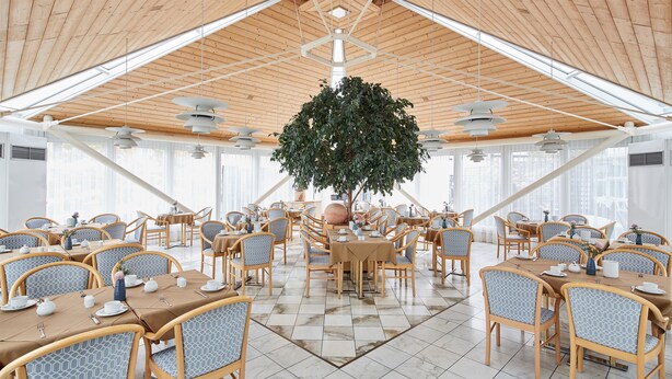 A spacious dining area with wooden tables and chairs, a large central tree, and a high ceiling with skylights. - Living Hotel Nürnberg (Nuremberg)
