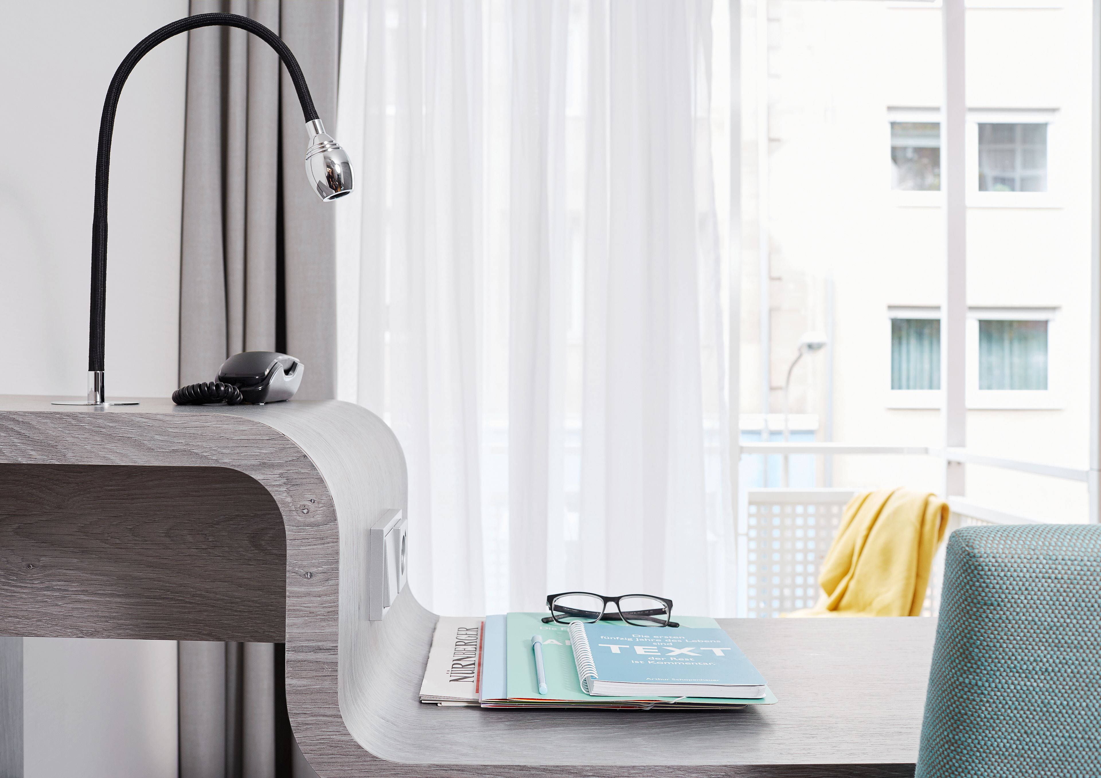 minibar, desk, laptop workspace, blackout curtains