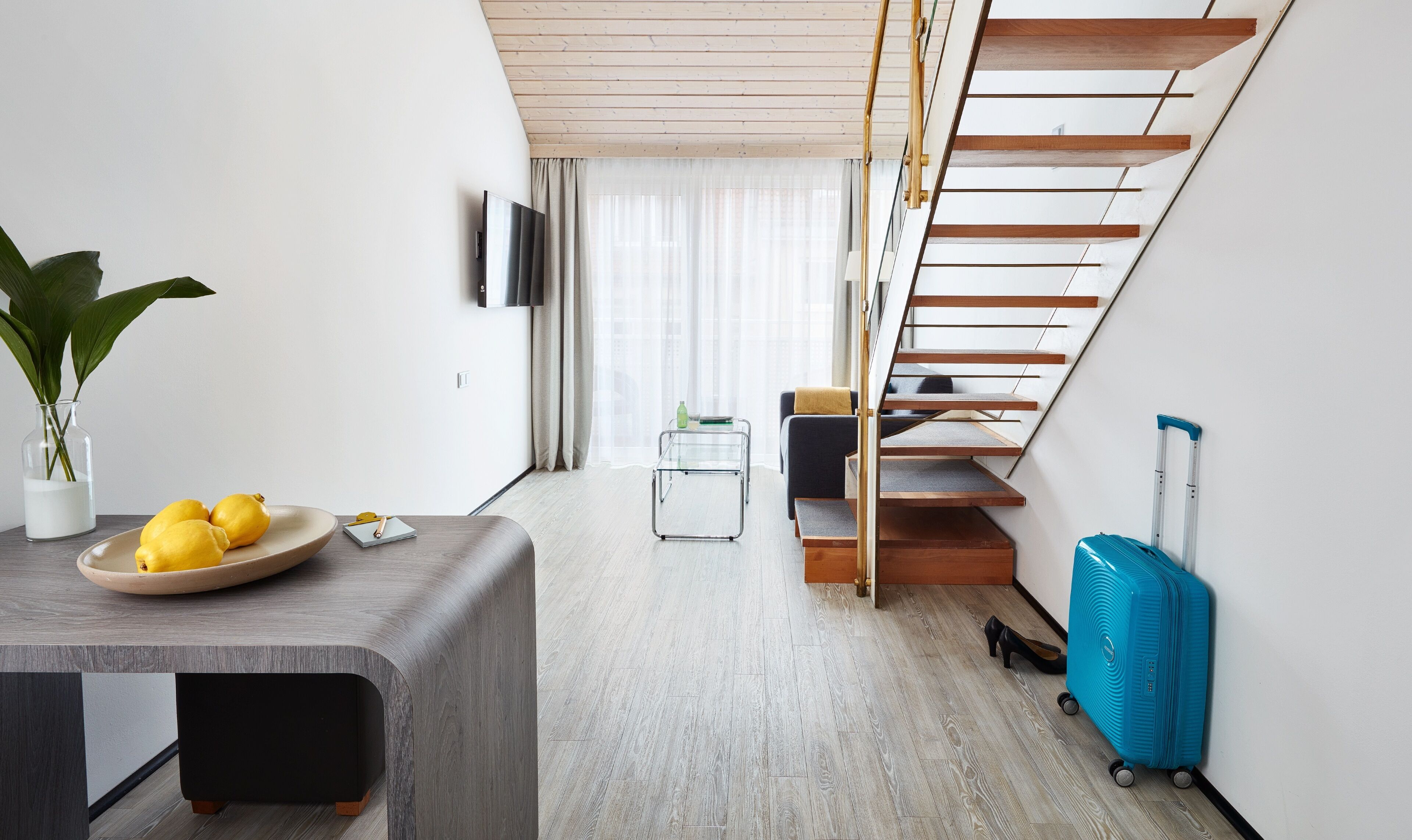 business duplex | minibar, desk, laptop workspace, blackout curtains