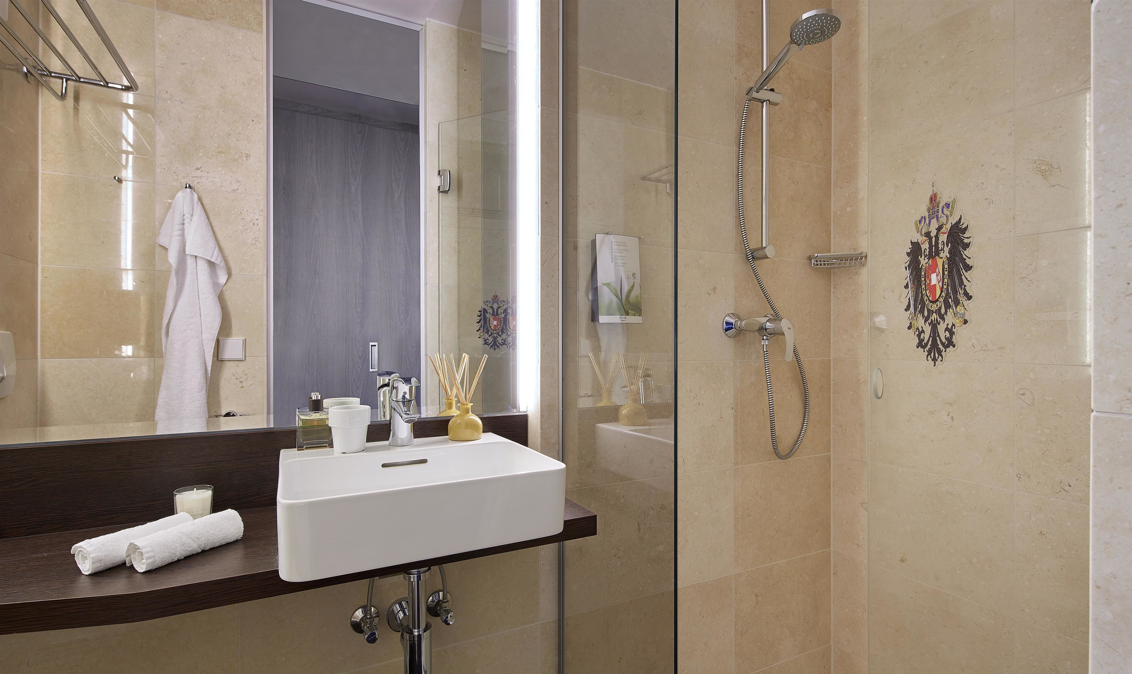 A modern bathroom with a glass shower enclosure, a white sink, and a large mirror.