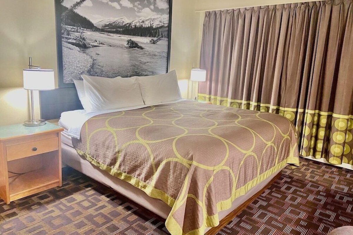 Habitación de hotel con cama, dos lámparas de noche, una mesita de noche con cajón, un cuadro grande en la pared y una ventana con cortinas.