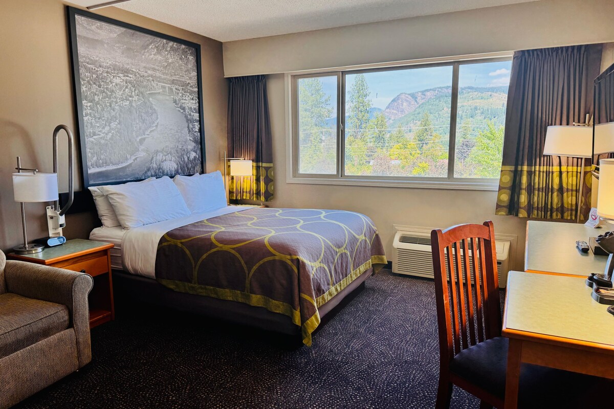 Room, 1 Queen Bed (Mobility Accessible) | Desk, laptop workspace, blackout drapes, iron/ironing board