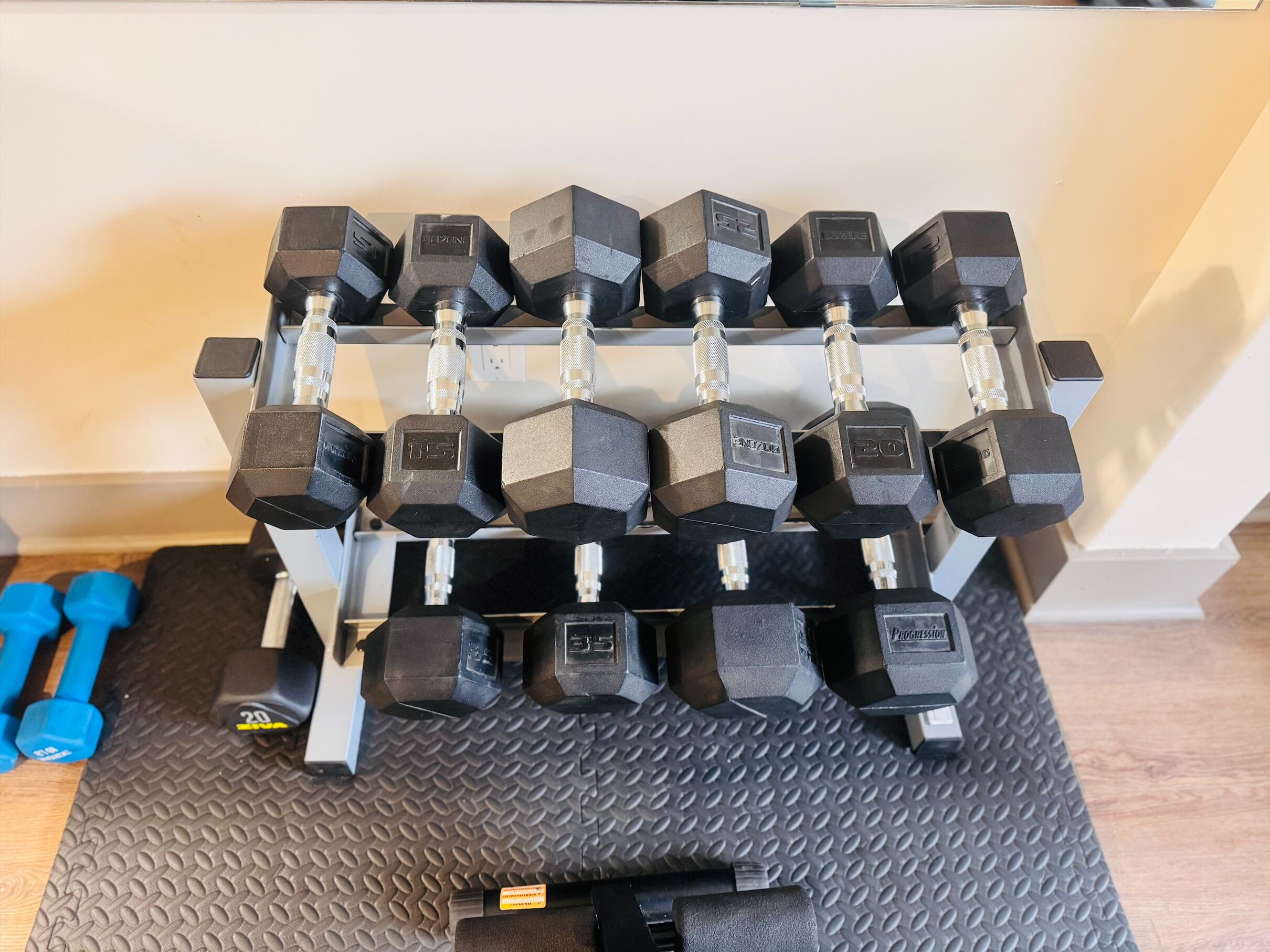 A rack of hexagonal dumbbells with weight markings, a black mat, and two blue dumbbells on the floor.