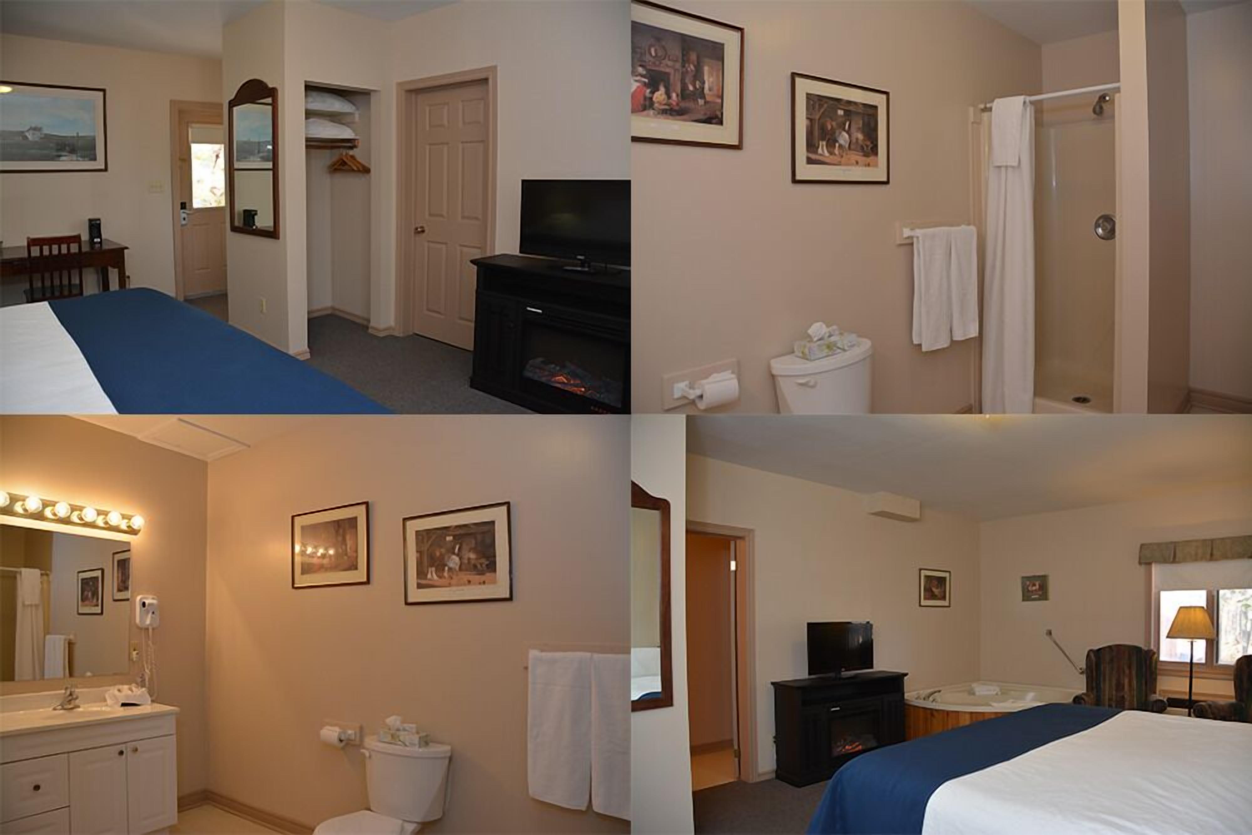 Et hotelværelse med seng, fjernsyn, badeværelse med toilet, håndvask og spejl.