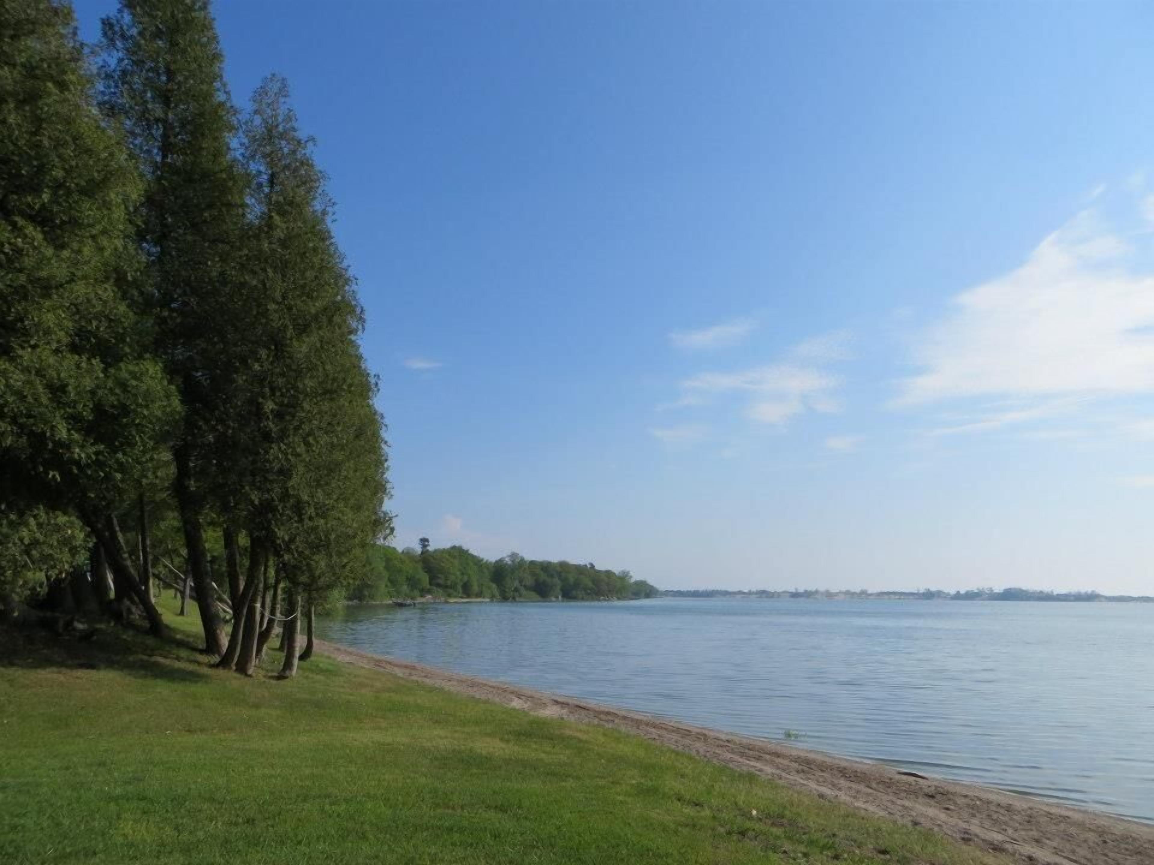 Vista para o lago, com gramado e árvores.