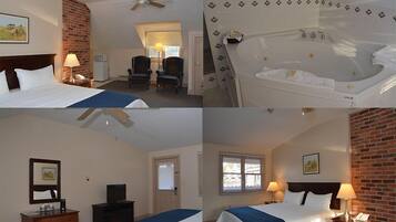 Une chambre d’hôtel comprenant un lit, un bureau, une chaise, une télévision, une lampe de bureau, un téléphone, une fenêtre et une salle de bain avec une baignoire.