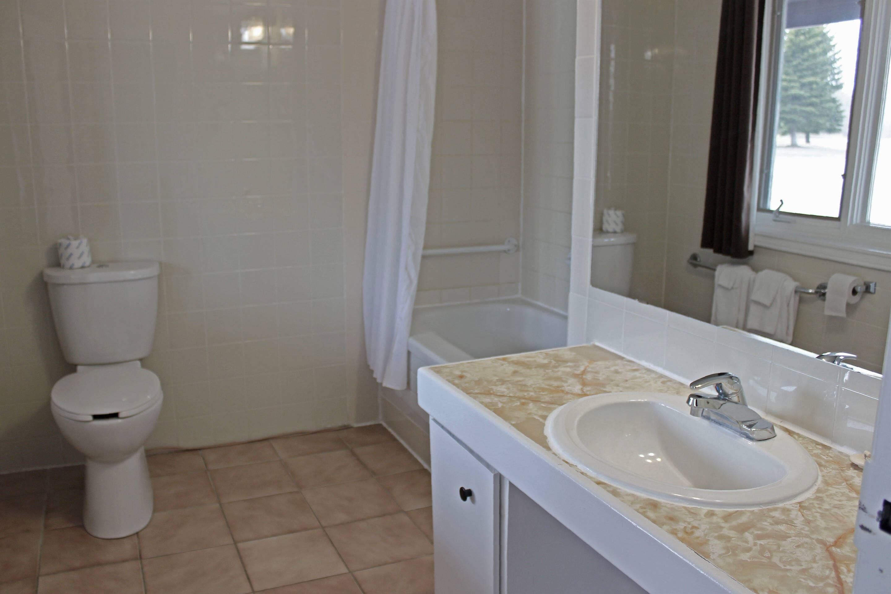 A bathroom with a toilet, shower, sink, and a window with a view.