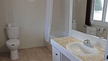 A bathroom with a toilet, shower, sink, and a window with a view.