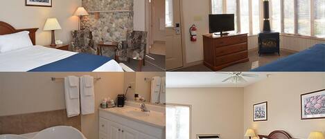 Habitación de hotel con cama, televisión, chimenea, baño con bañera y ducha.