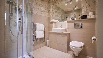 A modern bathroom with a glass-enclosed shower, a sink, a toilet, and a mirror.