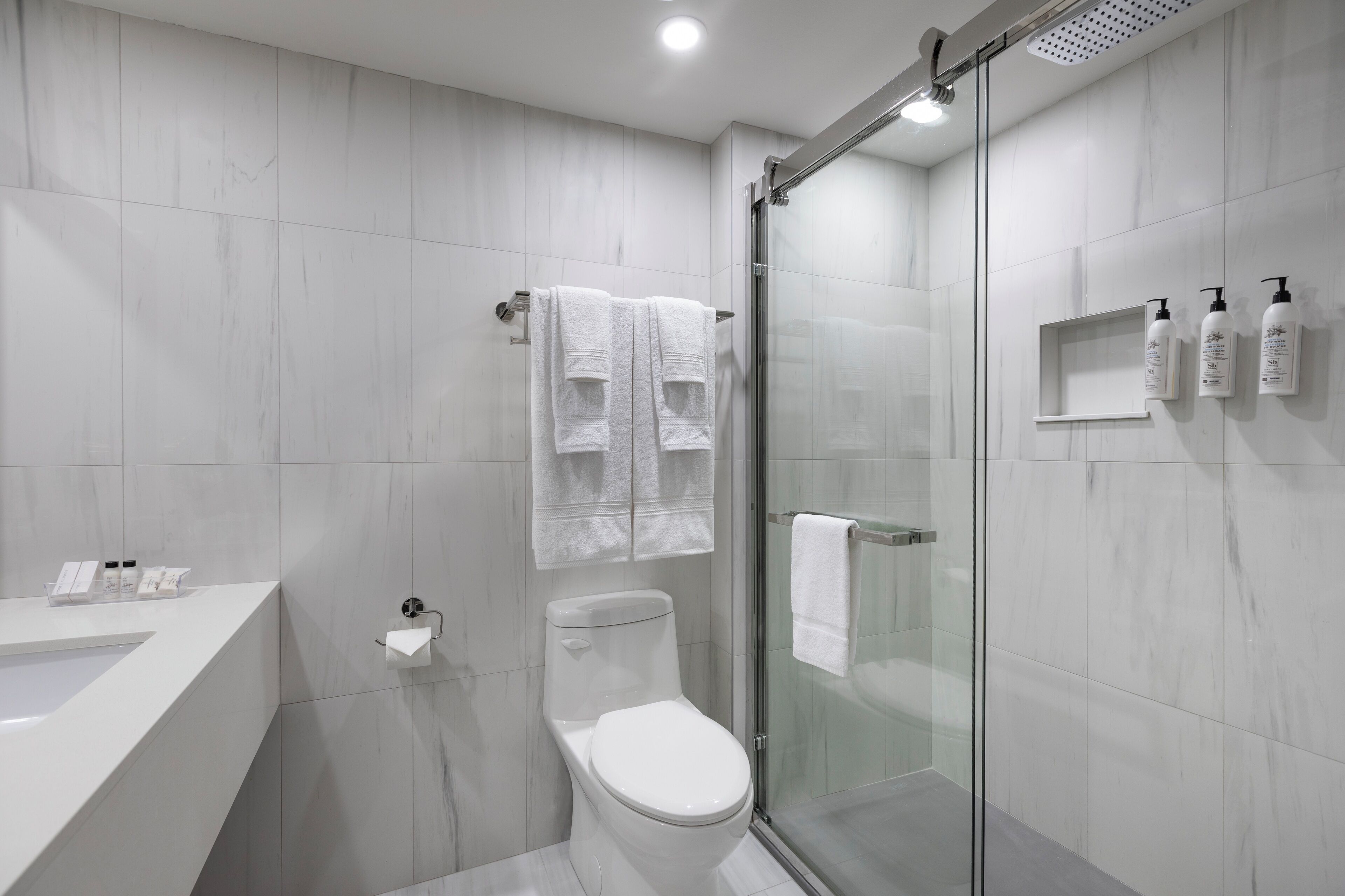 Une salle de bain moderne avec une douche à parois de verre, des toilettes blanches et un meuble-lavabo avec des articles de toilette.