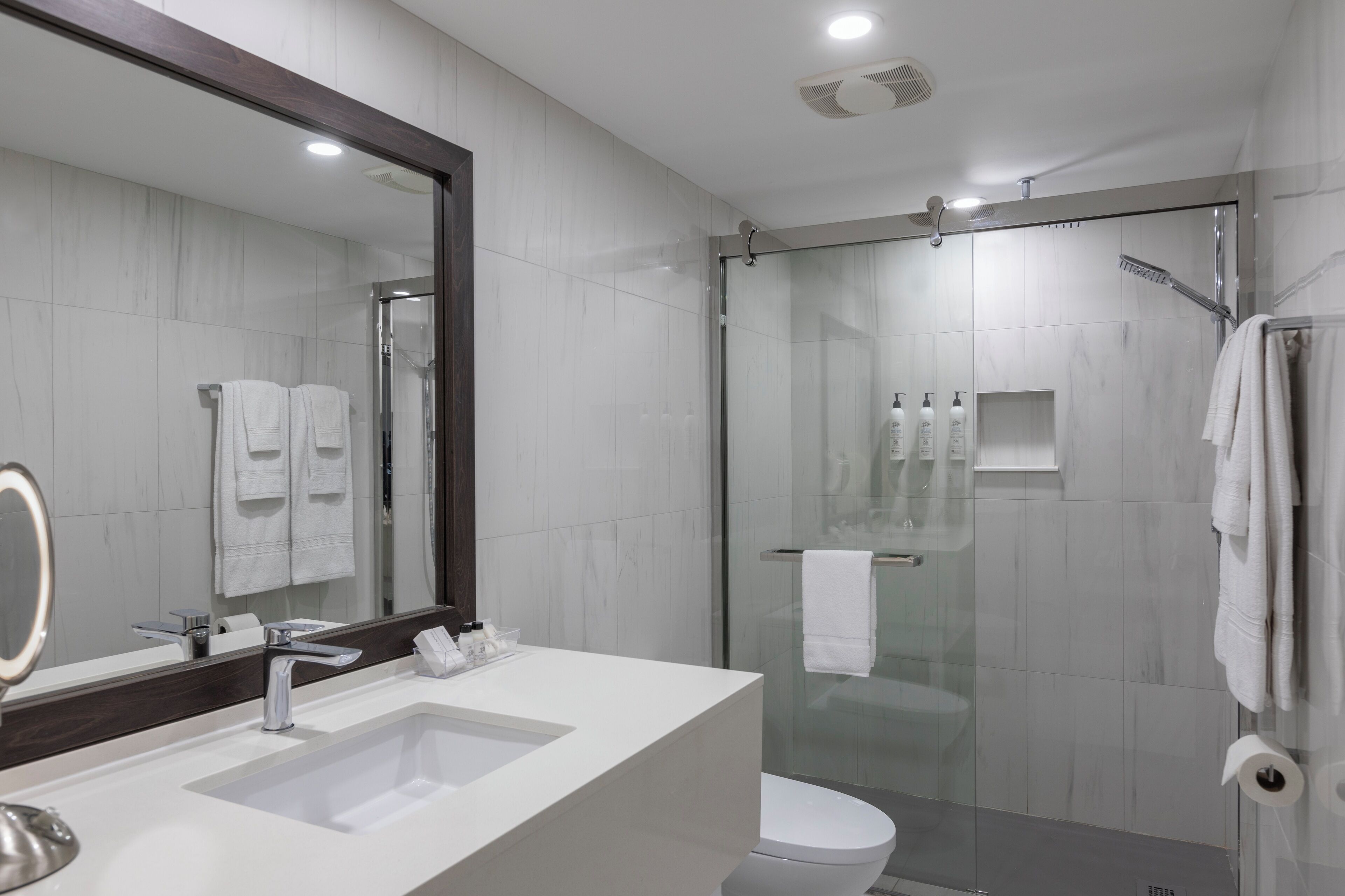 A modern bathroom with a glass-enclosed shower, a large mirror, and a white sink.