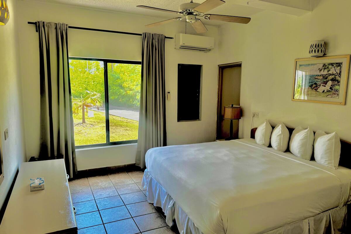 A hotel room with a bed, a desk, a ceiling fan, an air conditioning unit, a window with curtains, a door, a lamp, and a framed picture on the wall.