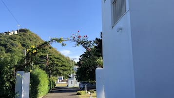 Una calle estrecha con un edificio blanco a la derecha, una verja a la izquierda y una colina al fondo.