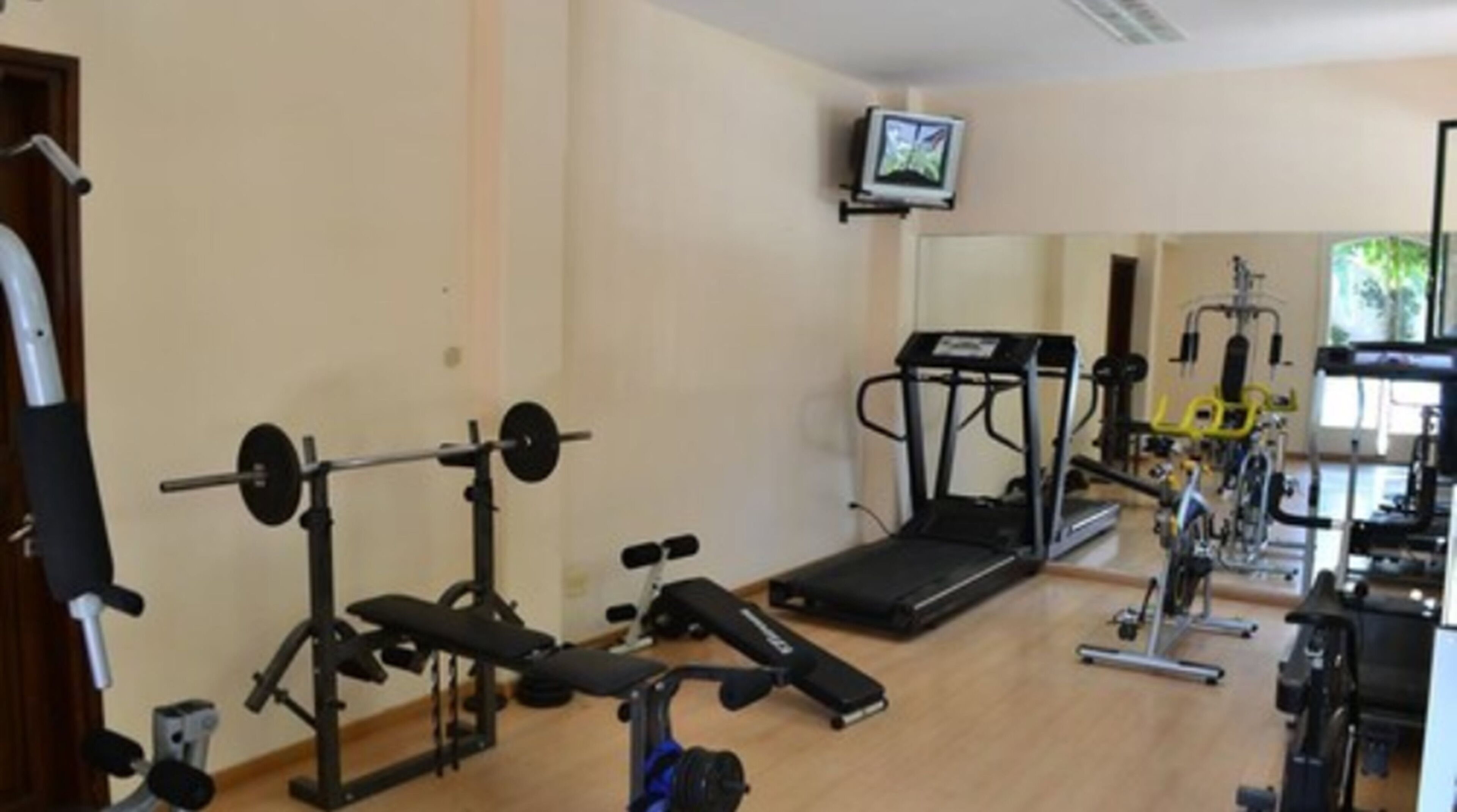 Un gimnasio con una cinta de correr, banco de pesas y varias máquinas de ejercicio.