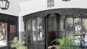 A hotel entrance with a stone-paved entrance, two potted plants, and ornate black doors with a sign above.