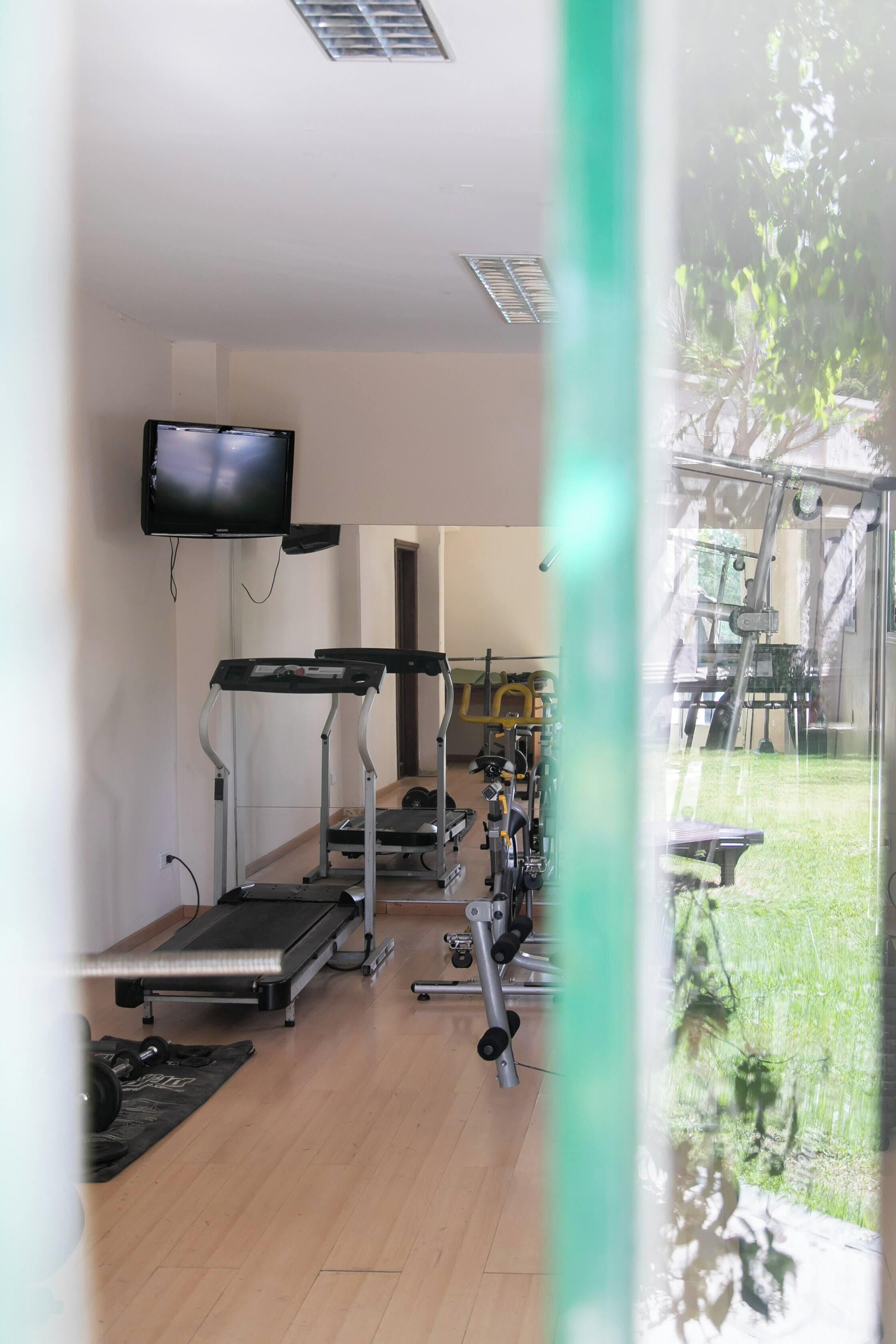 A gym with exercise equipment, a television, and a view of a garden.