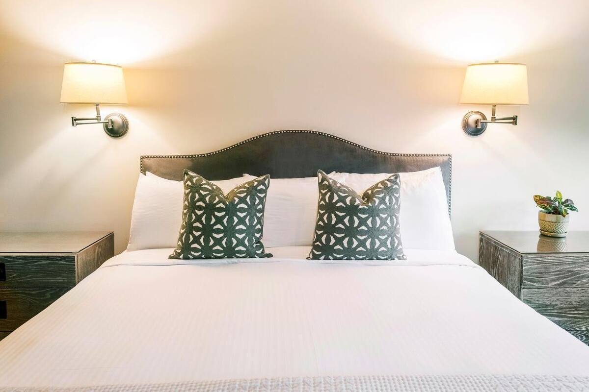 A neatly made bed with a headboard, two wall-mounted lamps, and a small plant on a nightstand.