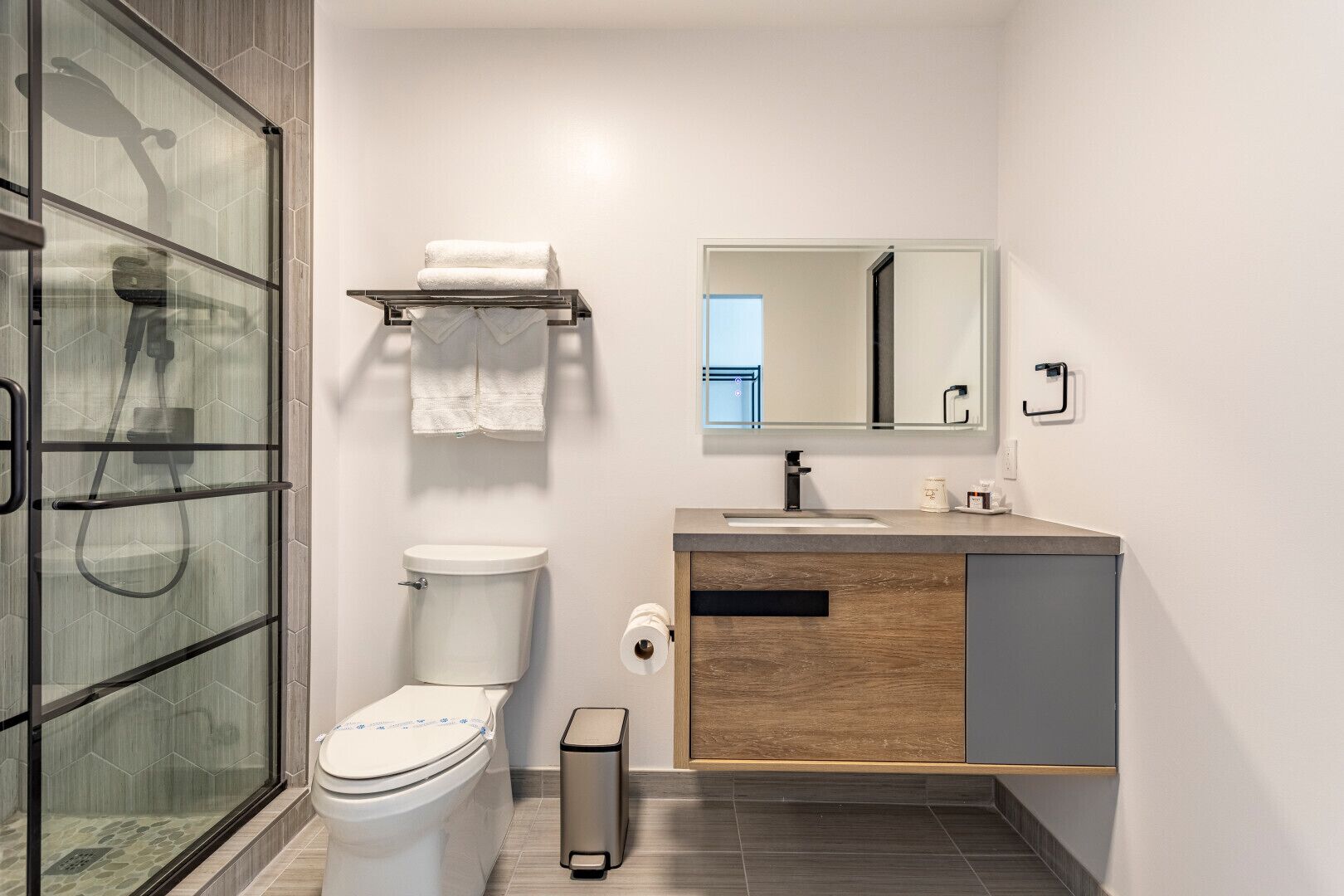 A modern bathroom with a glass-enclosed shower, a toilet, a sink with a mirror, and a trash bin.