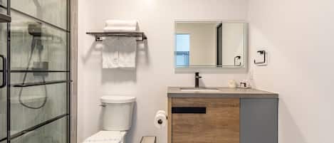 A modern bathroom with a glass-enclosed shower, a toilet, a sink with a mirror, and a trash bin.