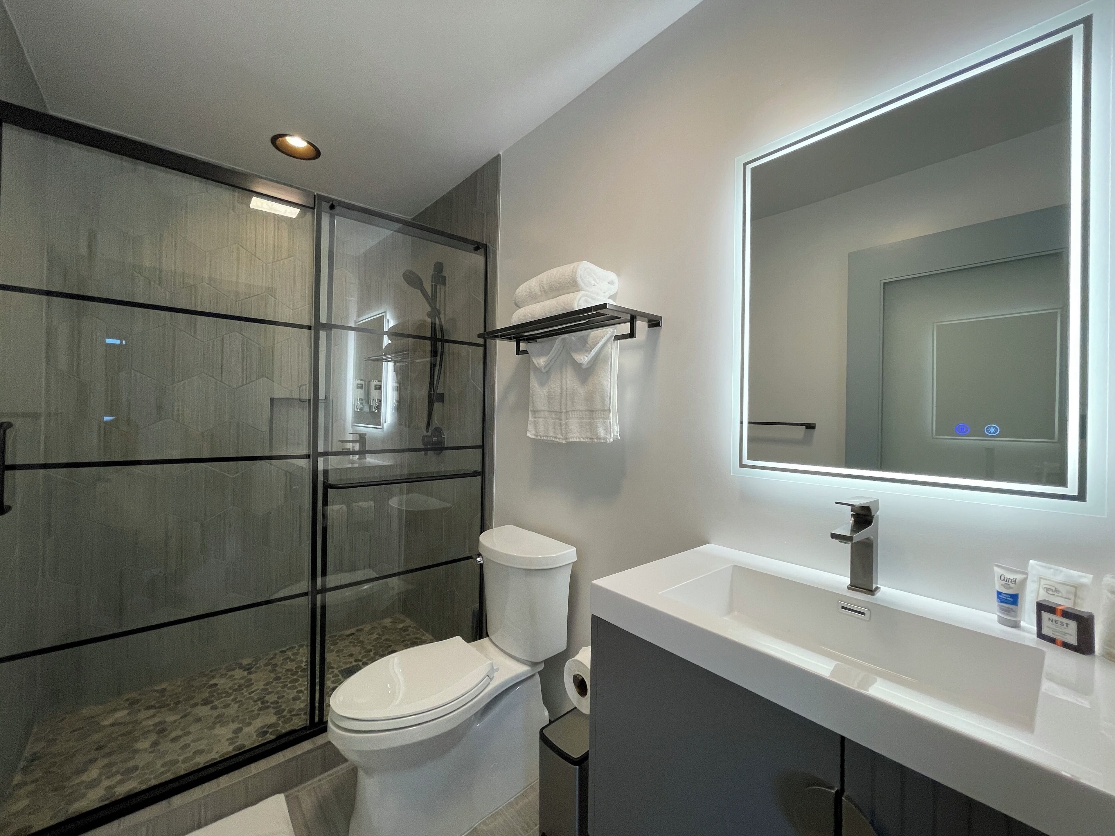 A modern bathroom with a glass-enclosed shower, a white toilet, and a large mirror above a white sink.