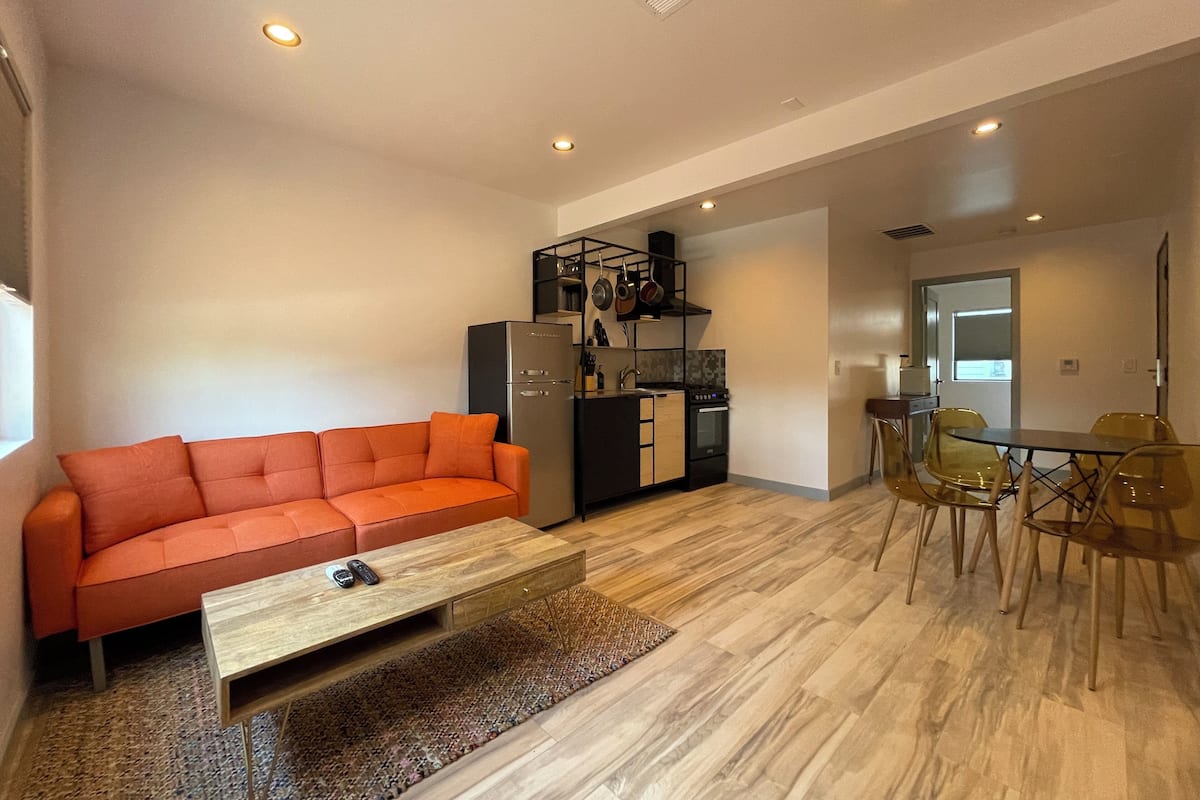 A compact living space with a sofa, a dining table with chairs, a kitchen area with appliances, and a small rug.