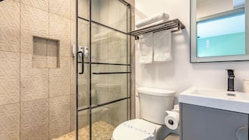 Un baño moderno con ducha envuelta en vidrio, un inodoro con soporte para toallas de papel y un lavamanos con espejo arriba.