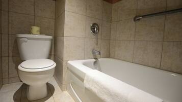 A bathroom with a toilet and a bathtub.