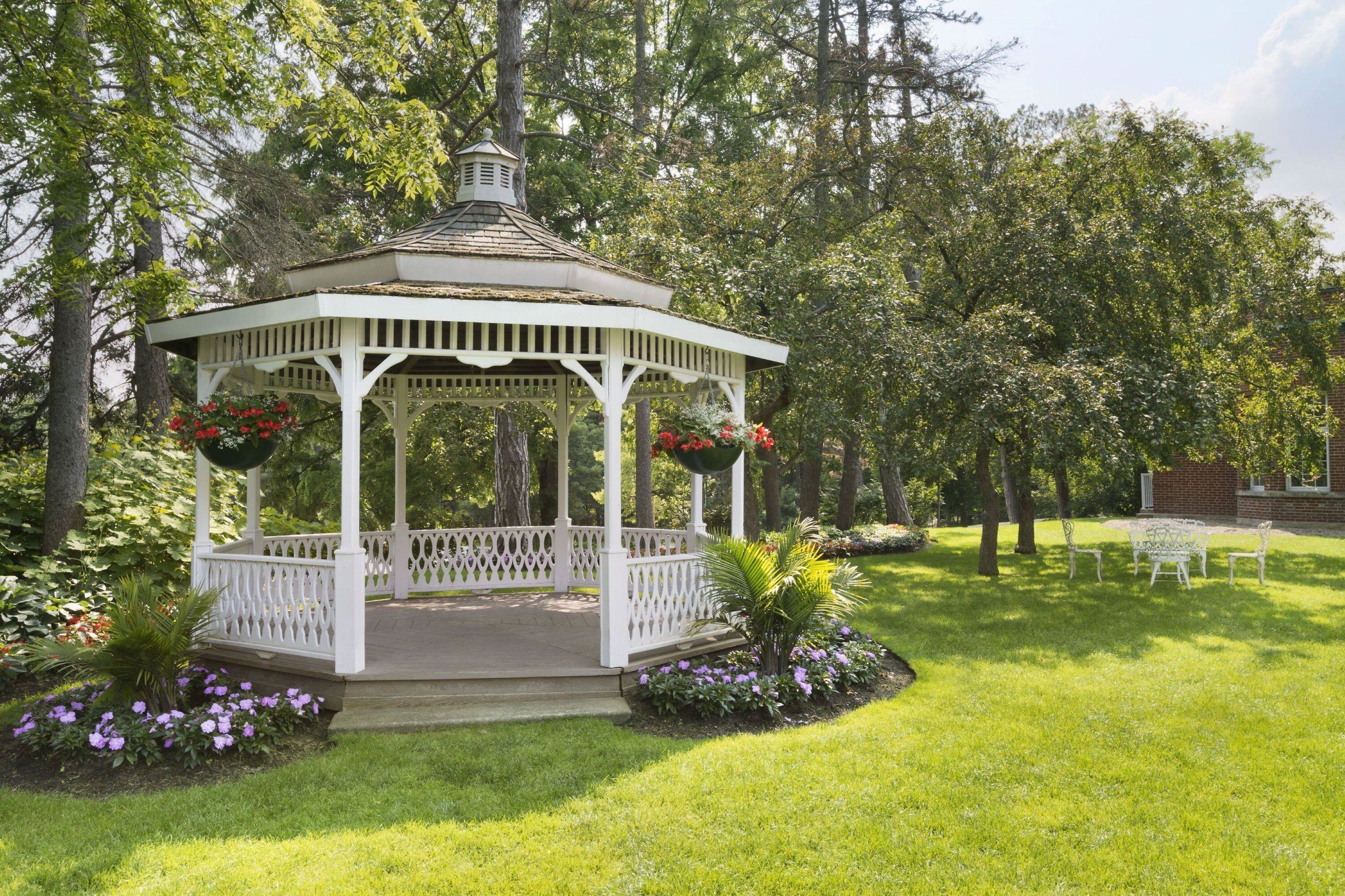 A gazebo with a white lattice roof, surrounded by a garden with various plants and flowers.
