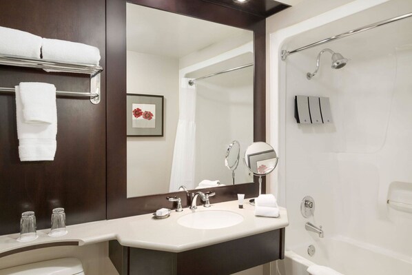A bathroom with a sink, mirror, towel rack, shower, and a framed picture on the wall.