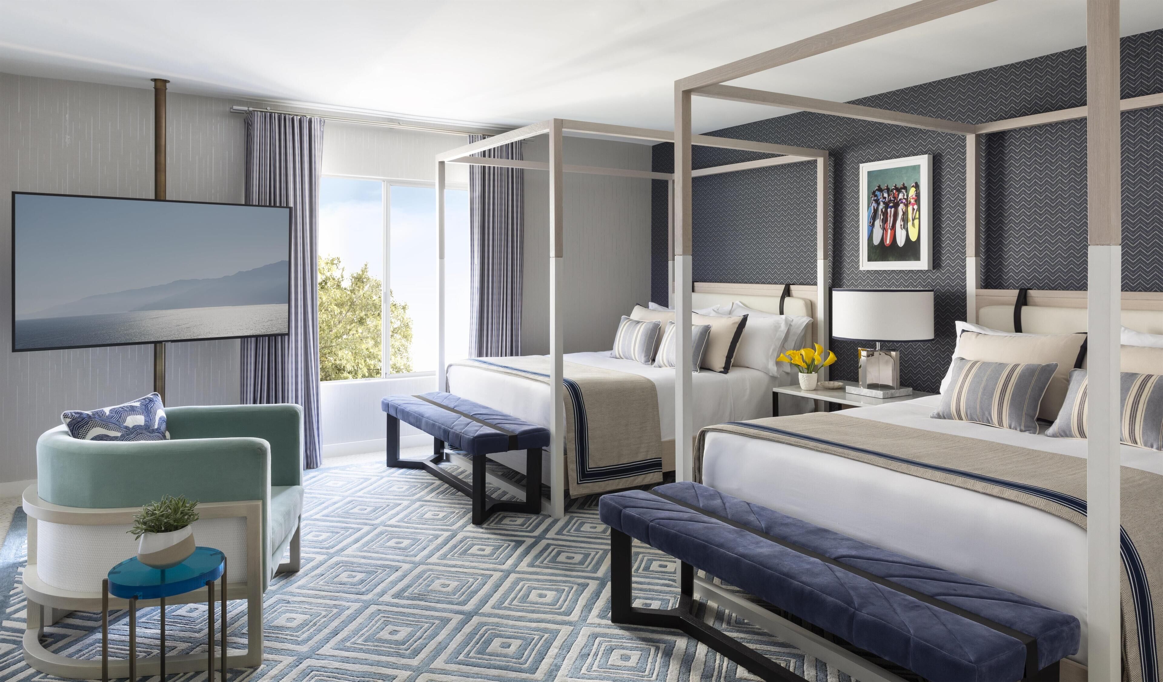 Oceana Double Queen Suite | Premium bedding, minibar, in-room safe, laptop workspace