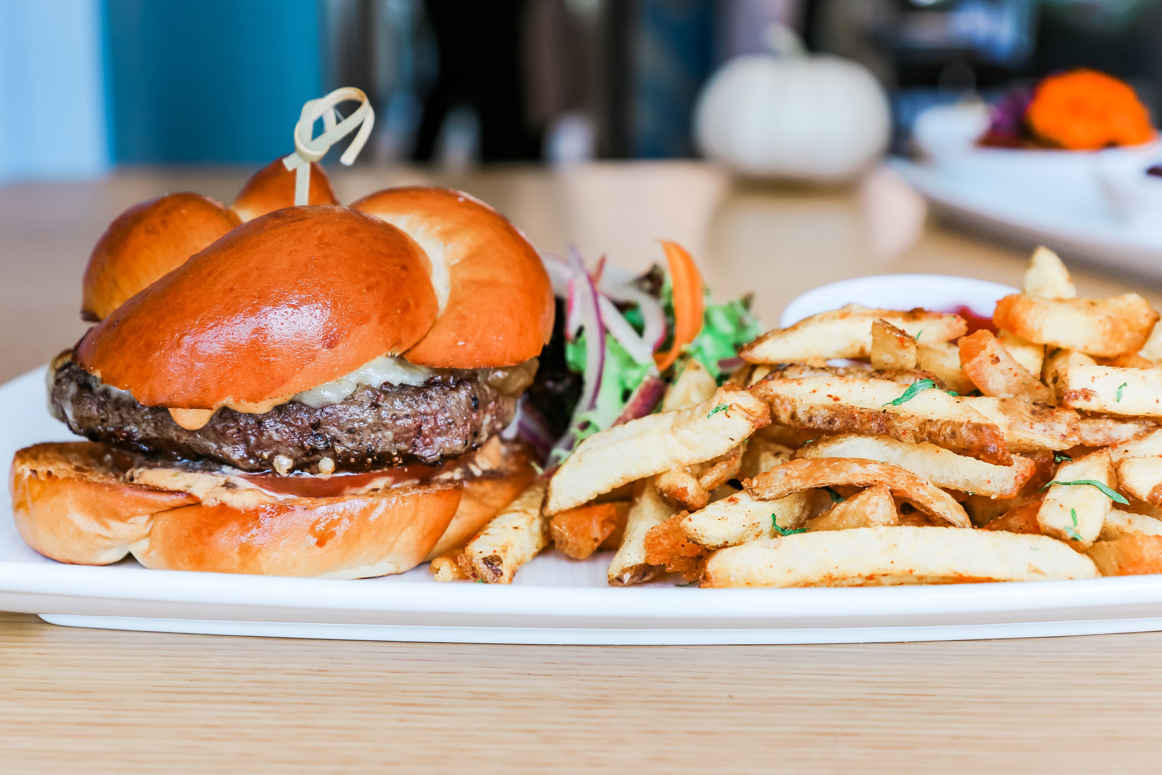 A plate with a hamburger and fries.