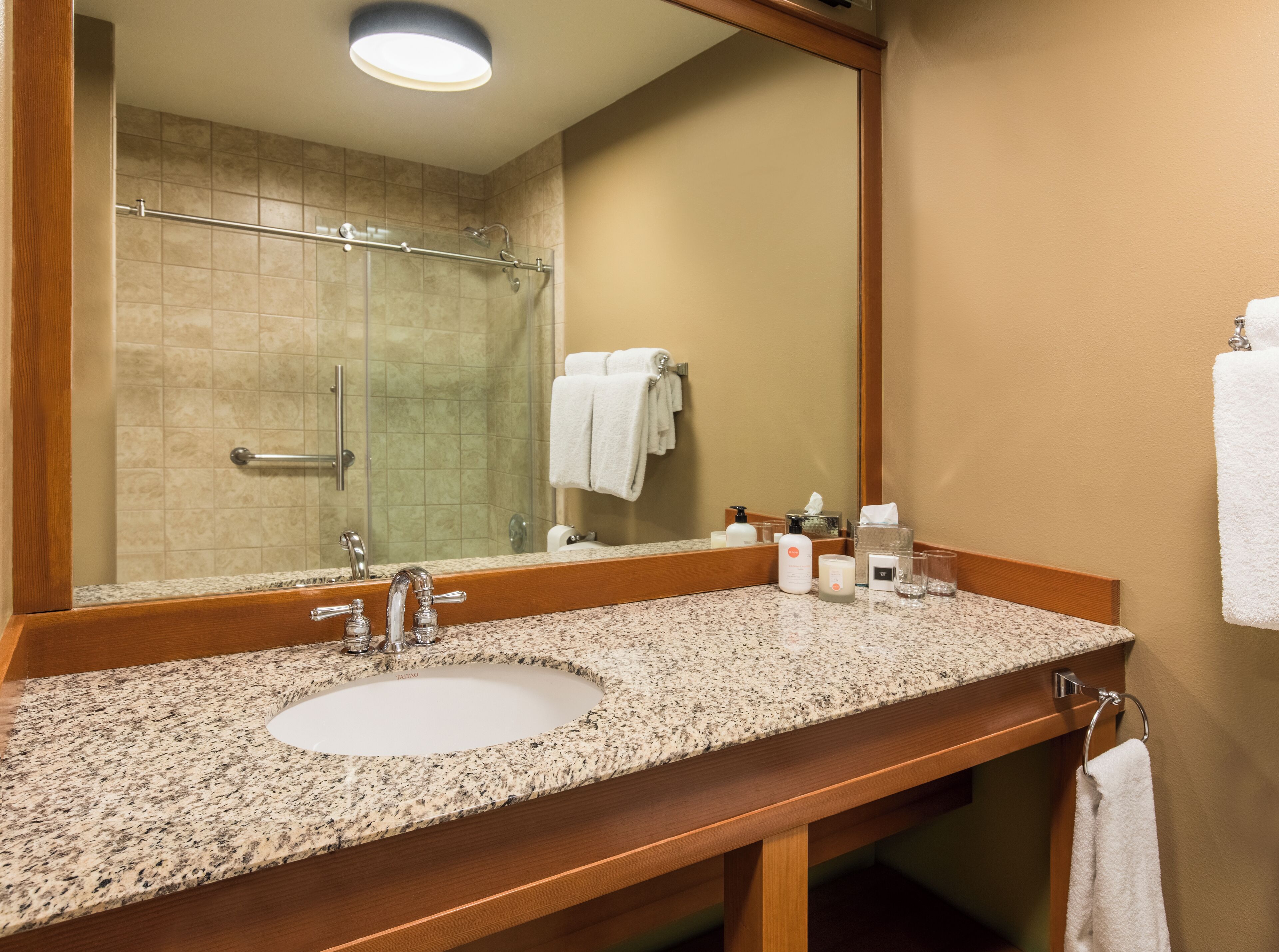 A bathroom with a granite countertop sink, a large mirror, and a shower area.