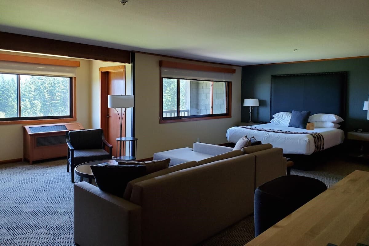 Una habitación de hotel con una cama, un escritorio, una silla y un sofá.