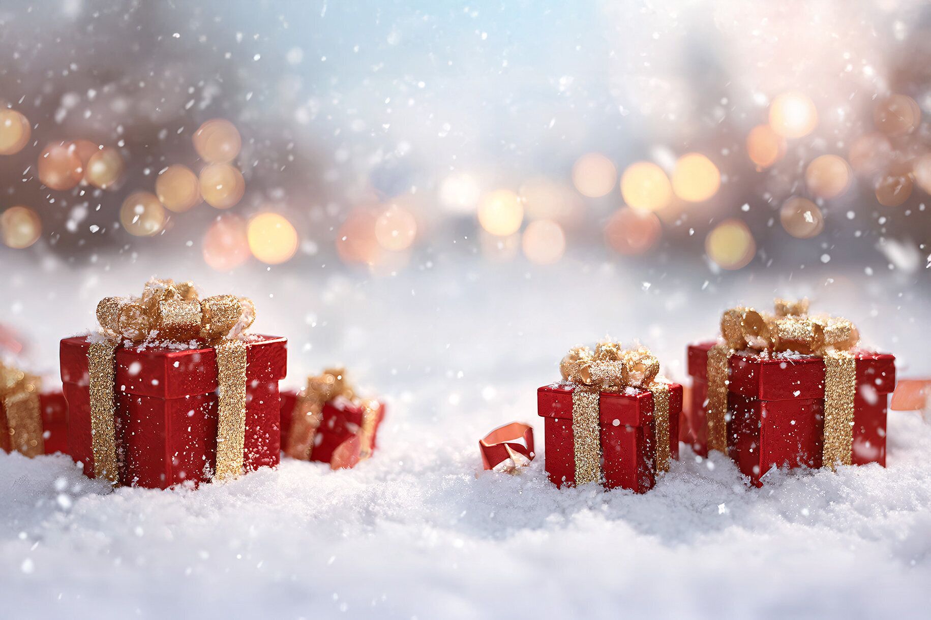 Un paysage enneigé avec plusieurs boîtes-cadeaux rouges décorées de rubans dorés.
