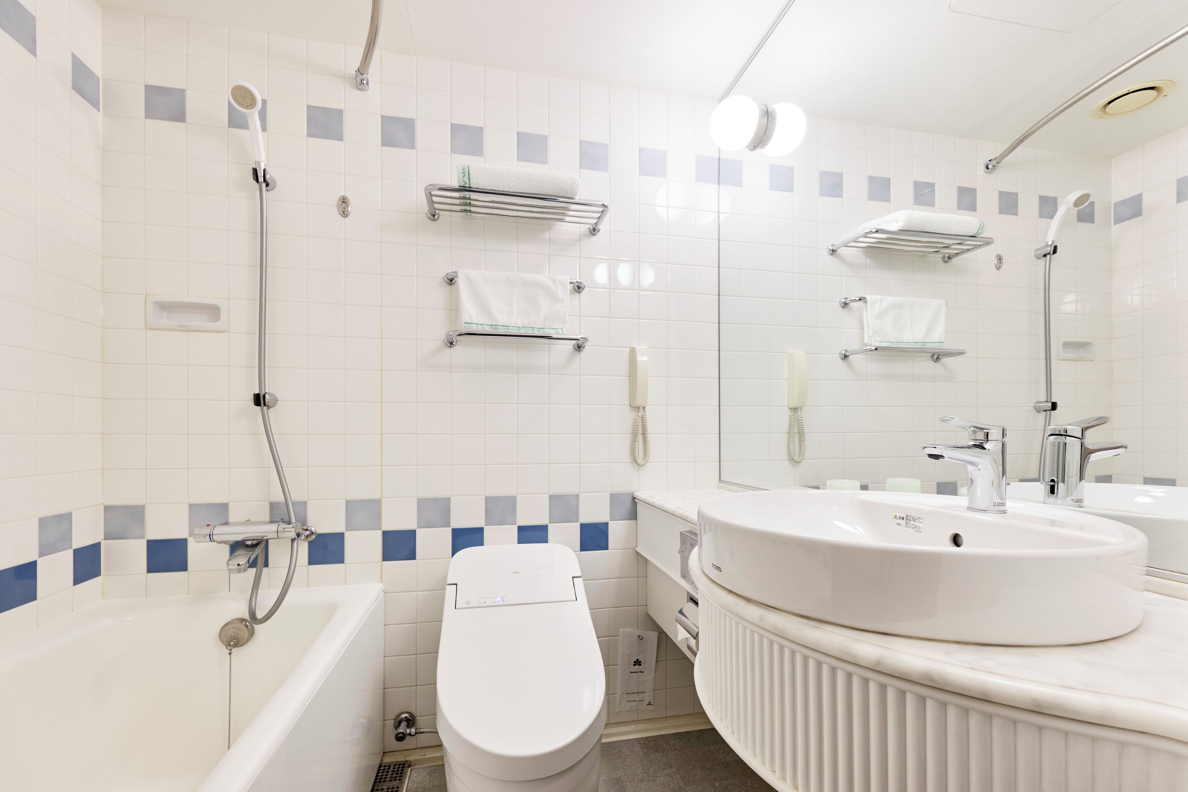 A modern bathroom with a bathtub, toilet, and a large sink.