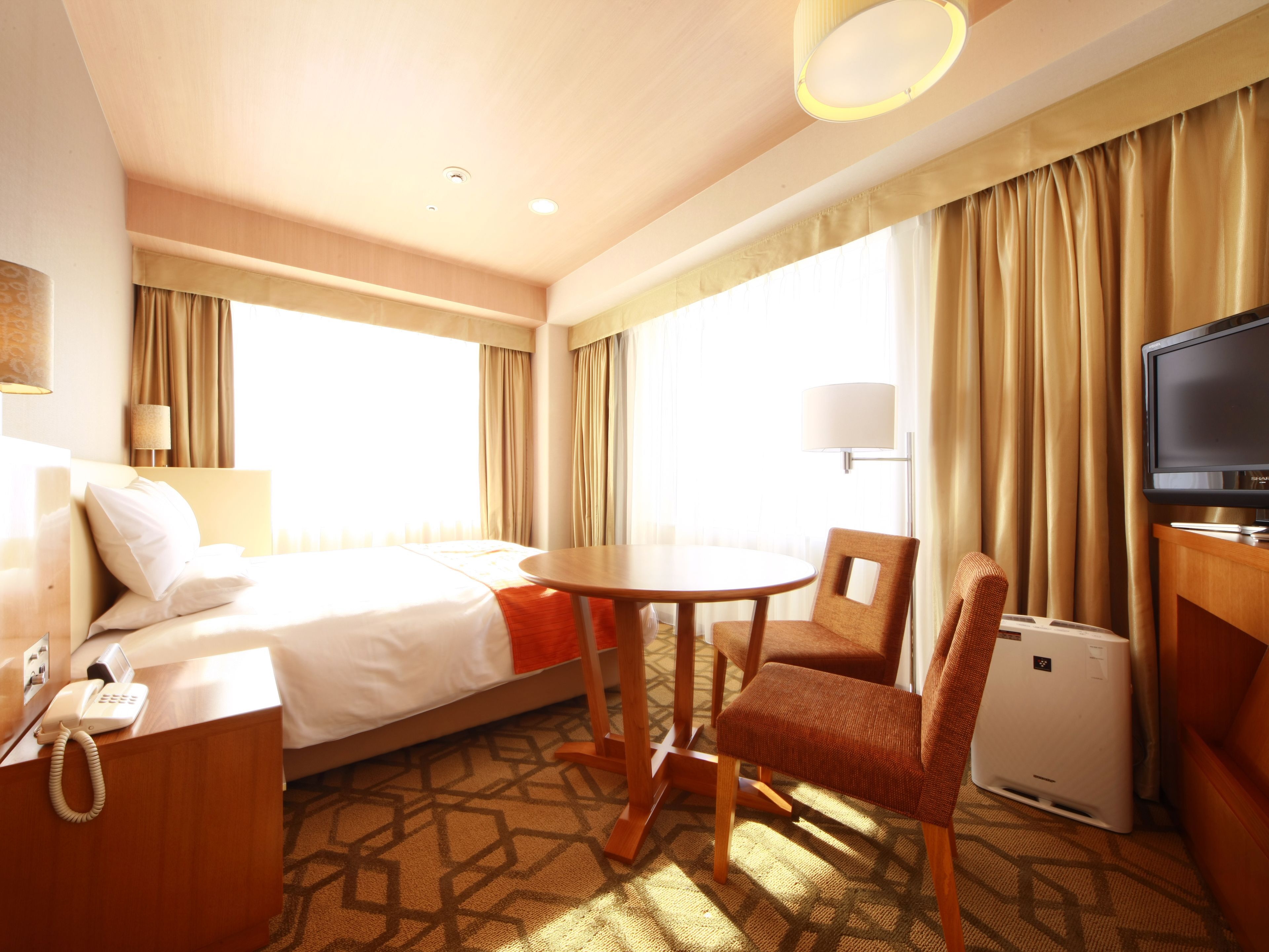 A hotel room with a bed, a desk with a telephone, a table with chairs, a television, and a mini-fridge.