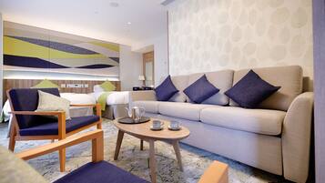 Desk, laptop workspace, blackout drapes, soundproofing