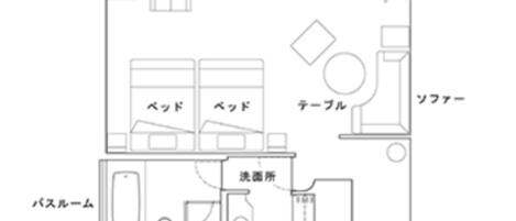 A hotel room layout with a bed, TV, toilet, and shower area.