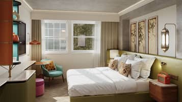 A bedroom with a bed, bedside table, lamp, chair, and a window with curtains.
